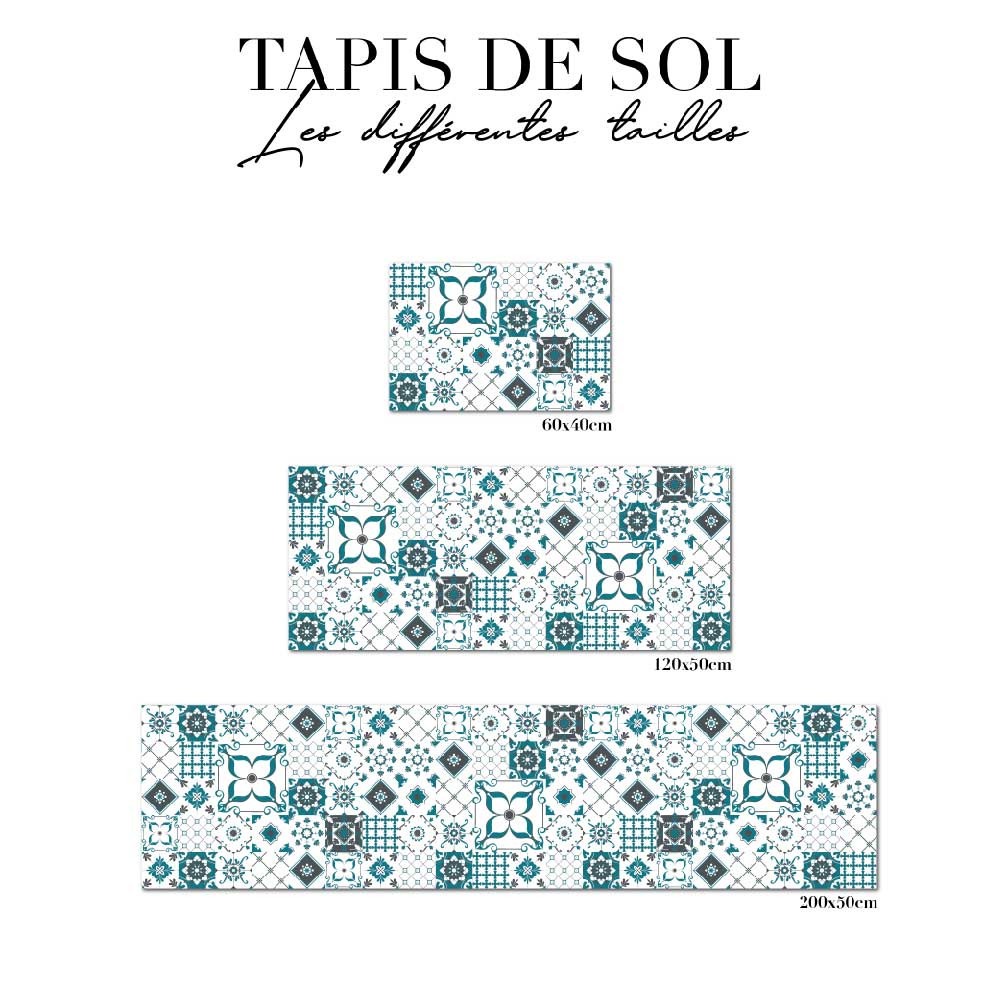 tapis de sol cuisine - carreau de ciment bleu