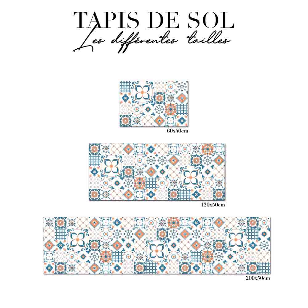 Tapis de sol cuisine - Carreaux de ciment - Bleu et Orange