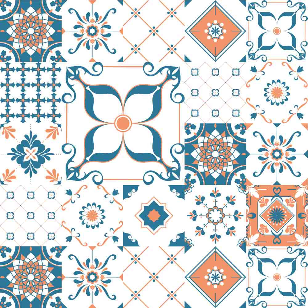 Tapis de sol cuisine - Carreaux de ciment - Bleu et Orange