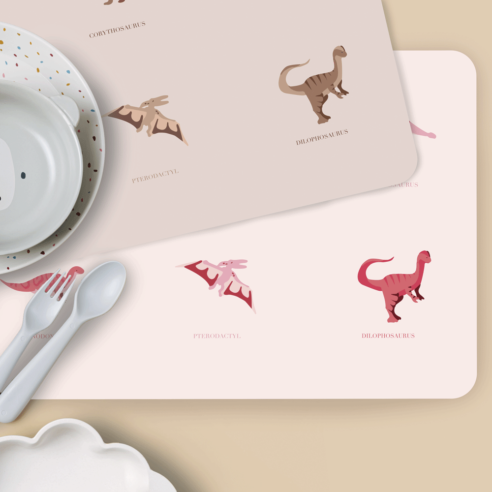 Set de table enfant dinosaure - rose et beige