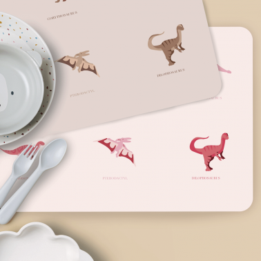 Set de table enfant dinosaure - rose et beige