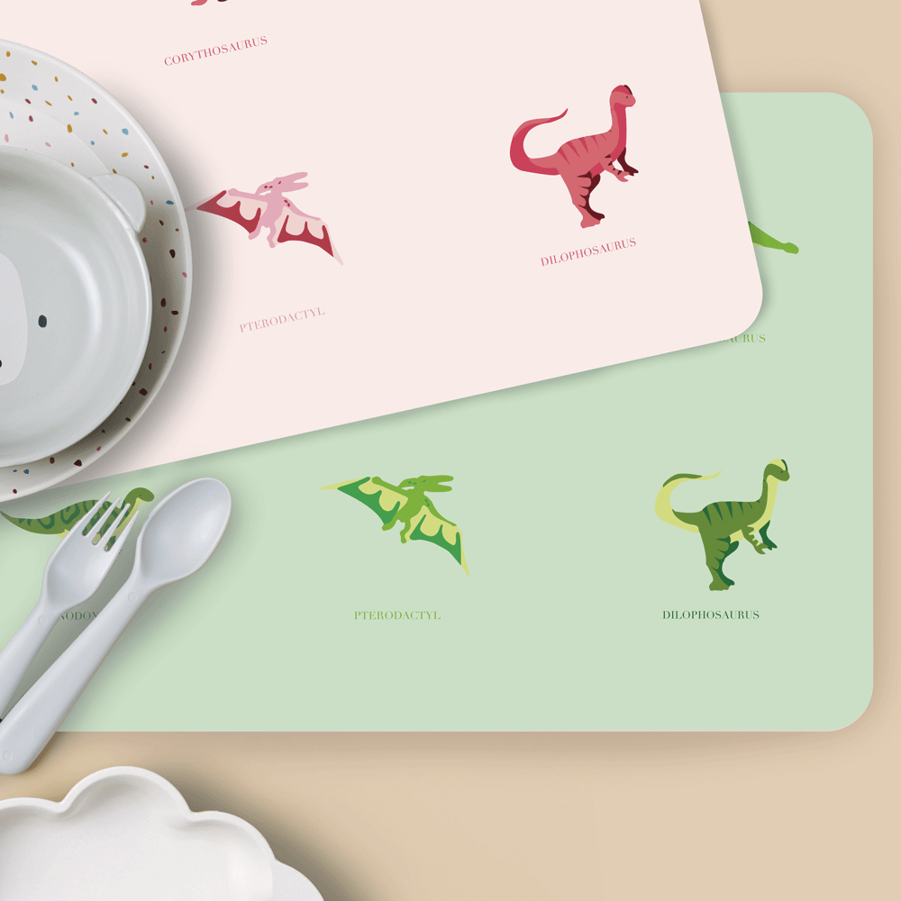 Set de table enfant dinosaure - rose et vert