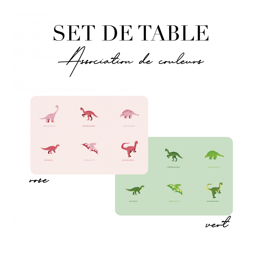 Set de table enfant dinosaure - rose et vert